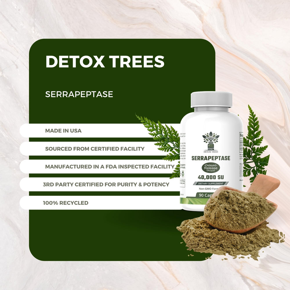Detox Trees Serrapeptase daily routine setup on a desk beside water
