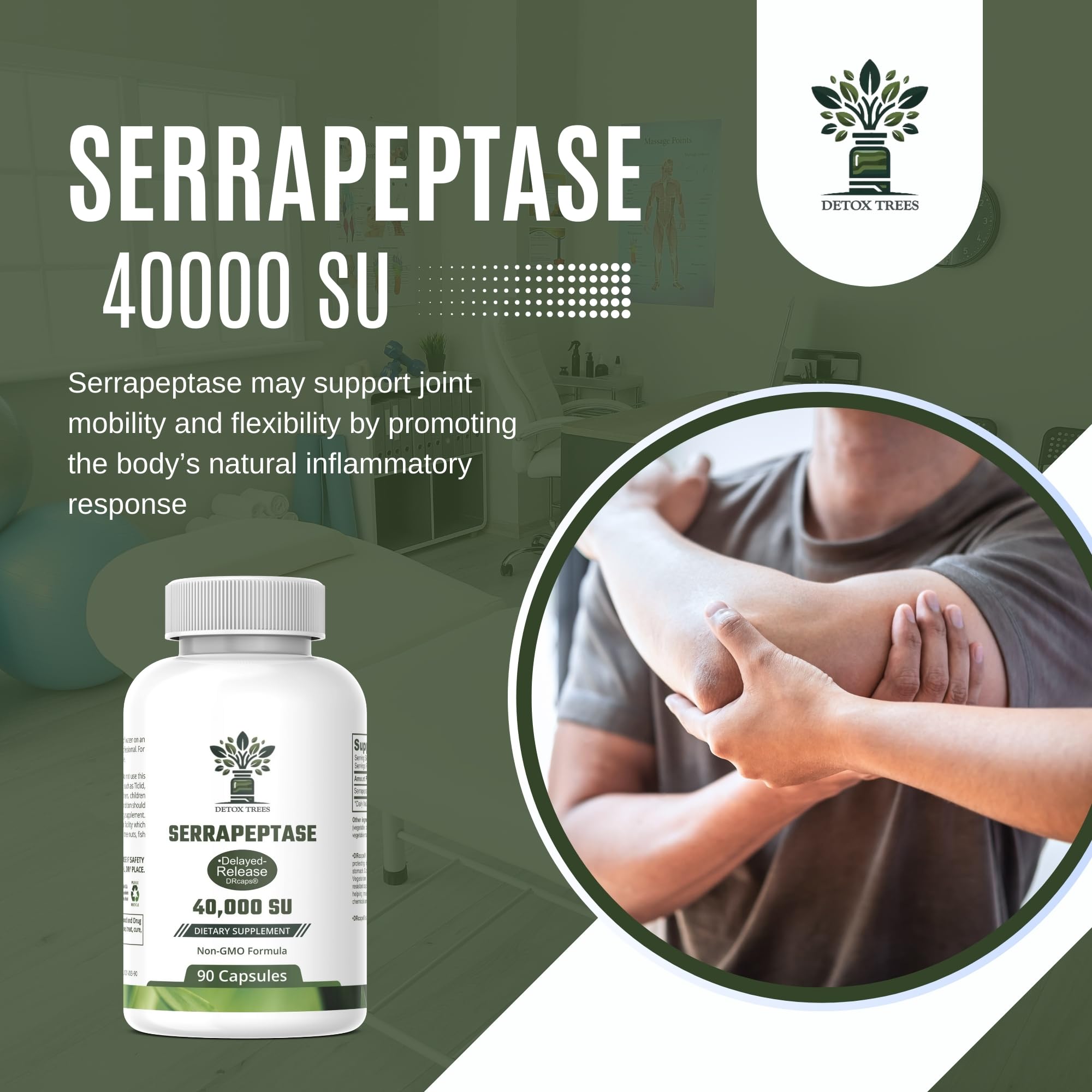 Detox Trees Serrapeptase label close-up with gluten-free and dairy-free icons