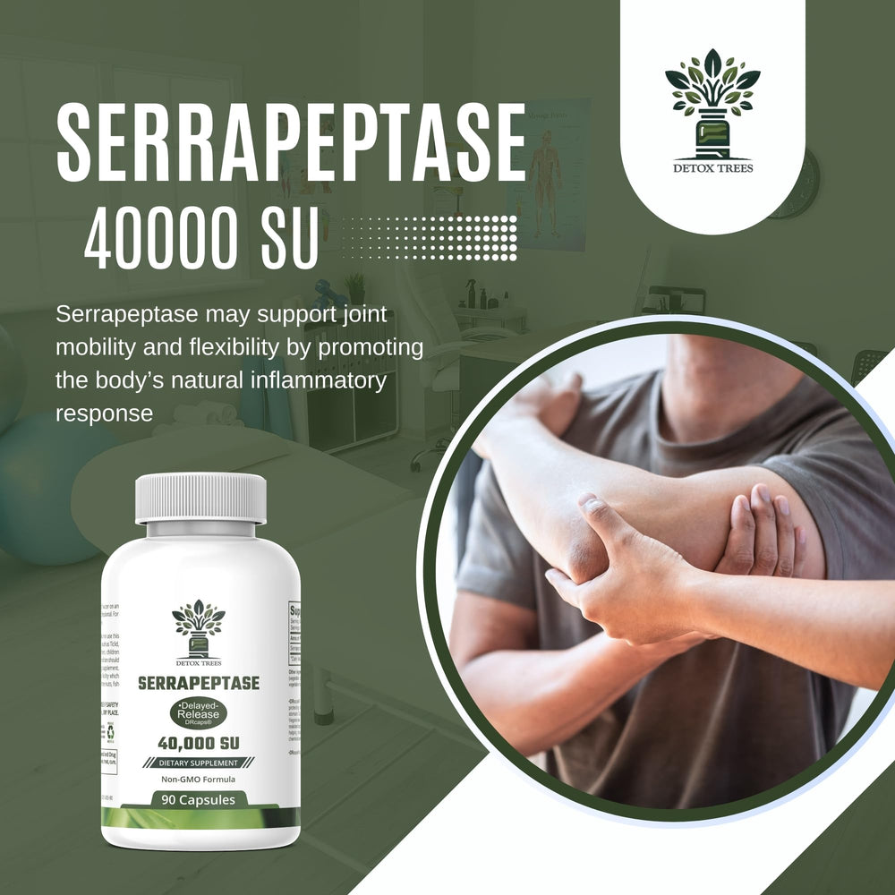 Detox Trees Serrapeptase label close-up with gluten-free and dairy-free icons