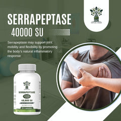 Detox Trees Serrapeptase label close-up with gluten-free and dairy-free icons