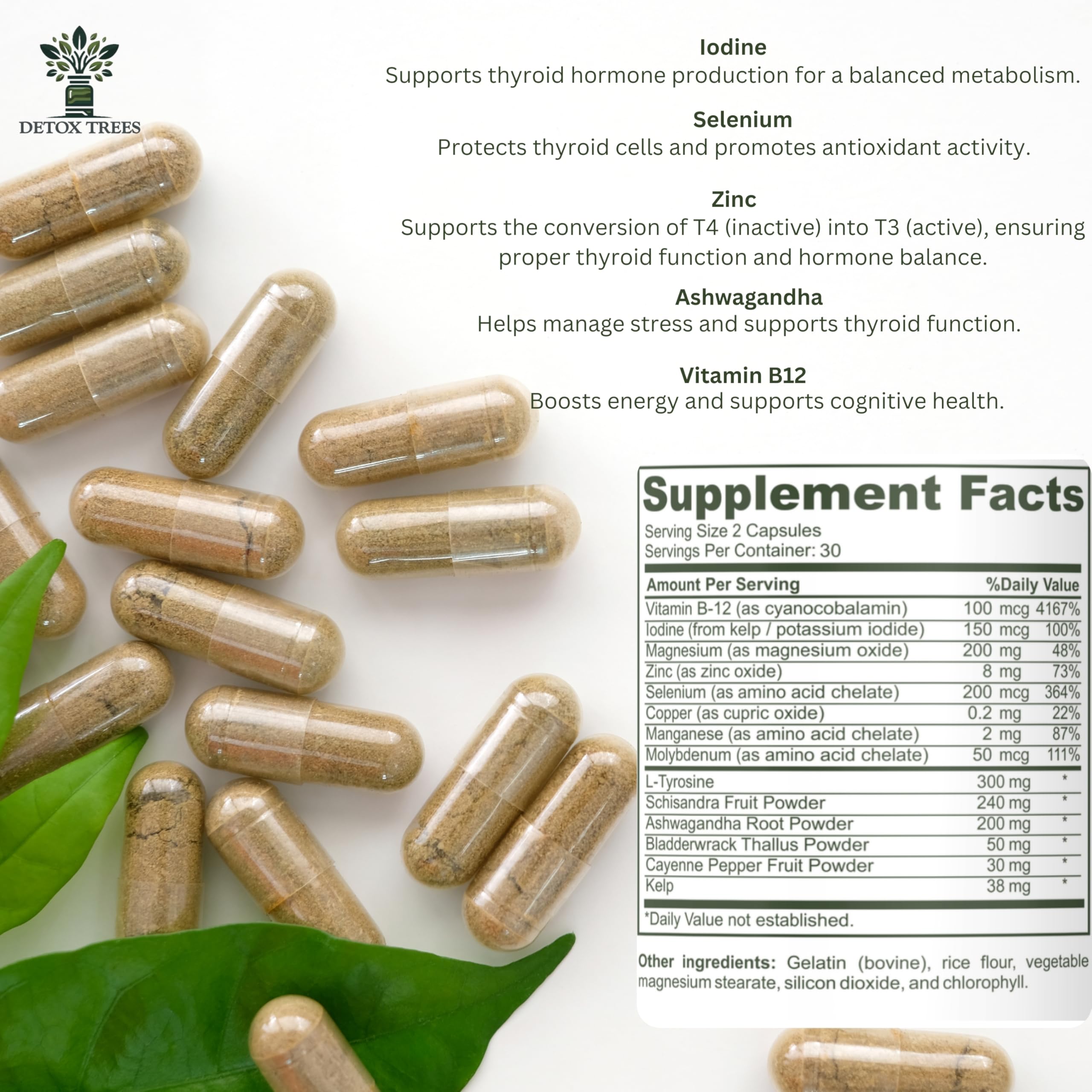 Detox Trees Thyroid Health Formula ingredients close-up emphasizing minerals.