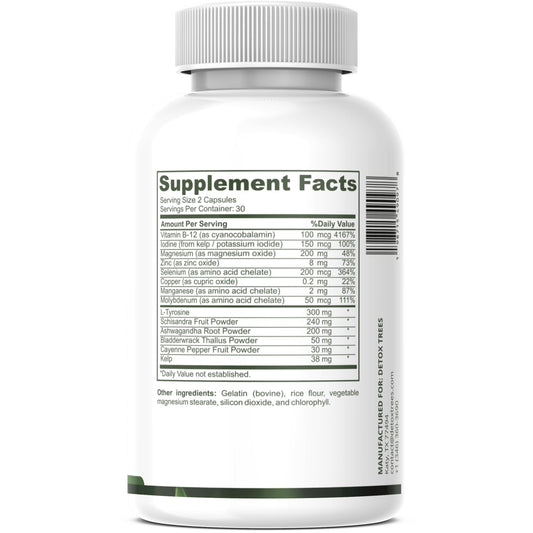 Detox Trees Thyroid Health Formula label close-up highlights clean, non-GMO formulation.