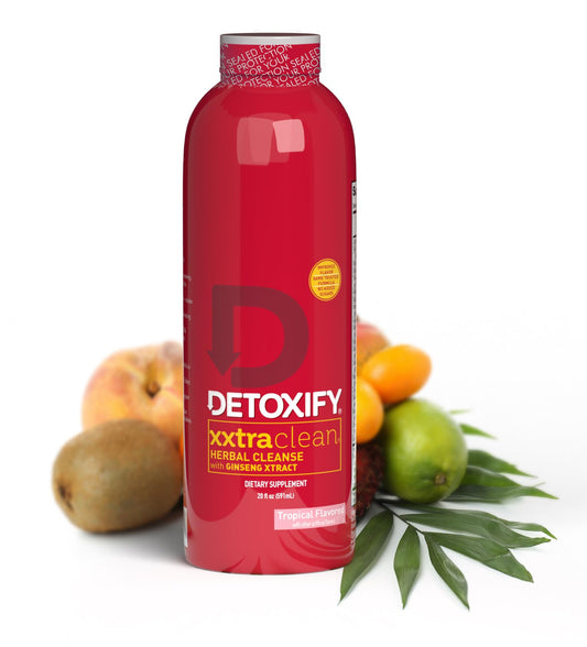 Detoxify Xxtra Clean bottle in tropical fruit flavor for a refreshing cleanse.