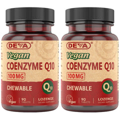 DEVA CoQ10 lozenge bottle in a 2-pack for daily energy support.