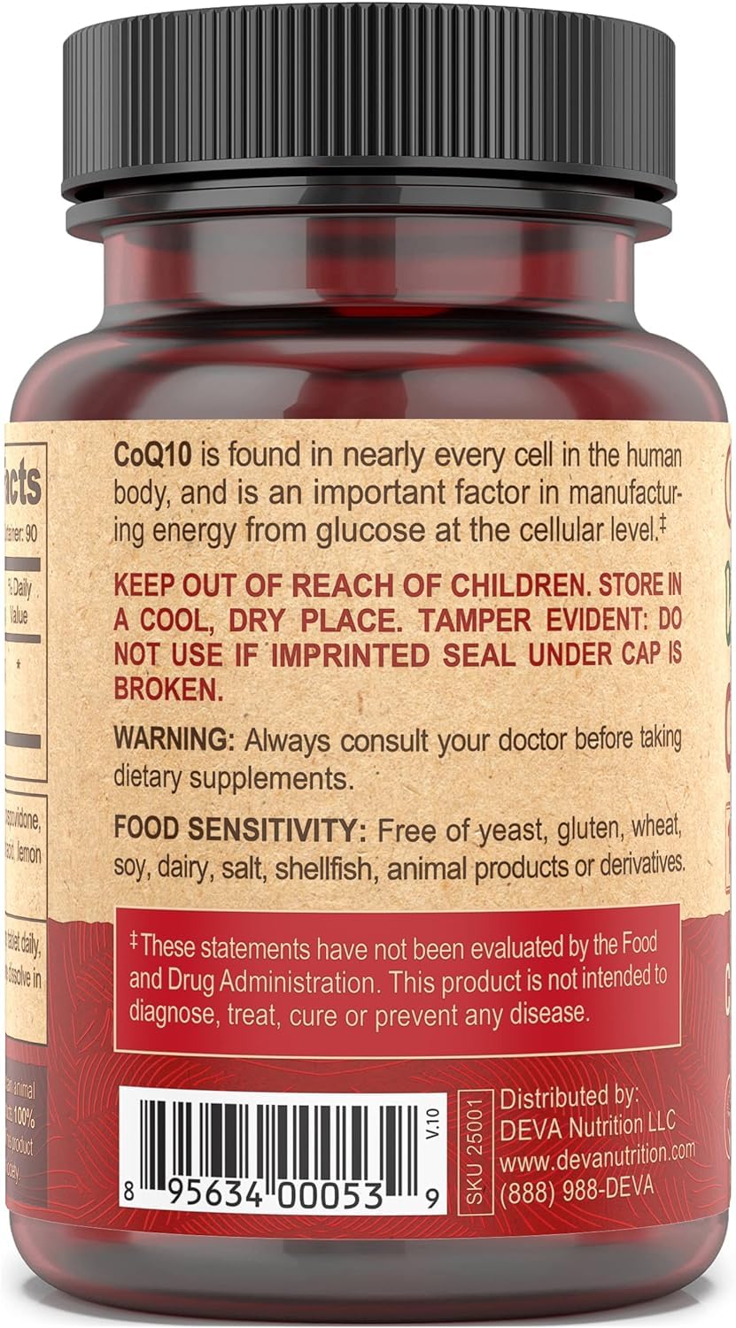 Vegan-origin DEVA CoQ10 label highlights plant-based source.