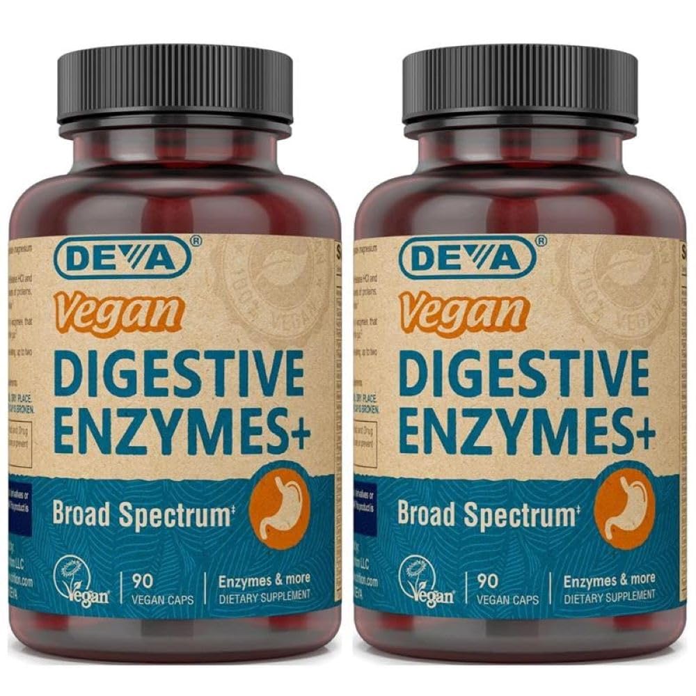 DEVA Digestive Enzymes+ bottle—vegan blend aiding digestion after meals.