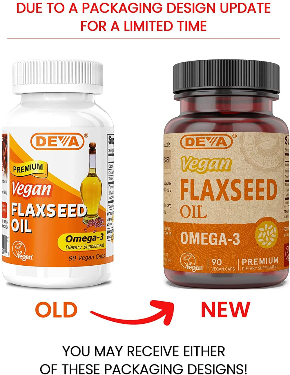 DEVA flaxseed oil bottle indicates cold-pressed and unrefined quality.