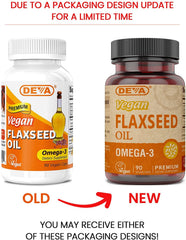 DEVA flaxseed oil bottle indicates cold-pressed and unrefined quality.
