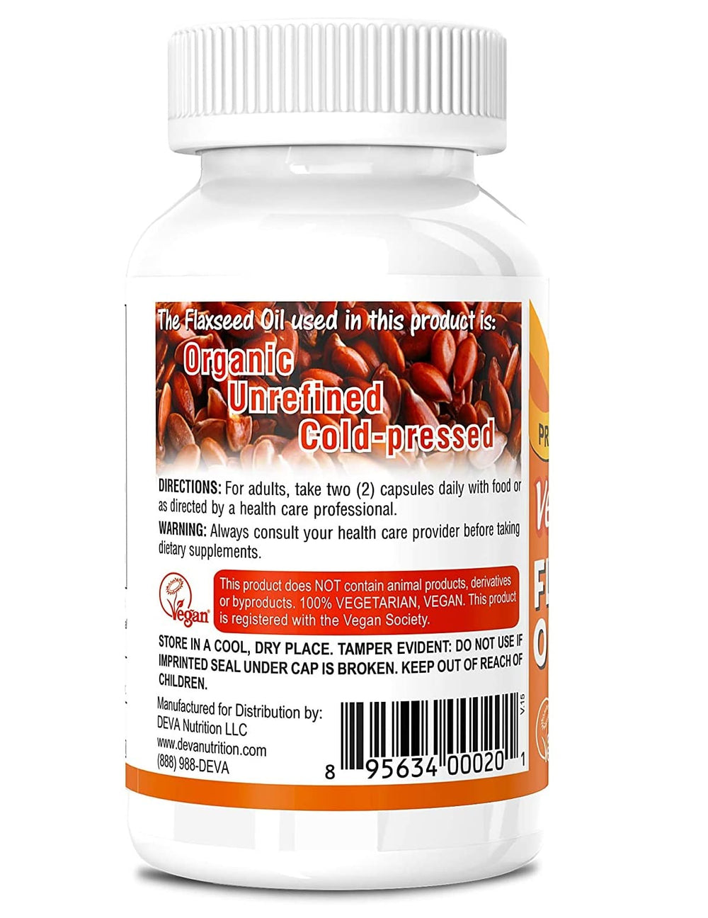 DEVA flaxseed oil capsules close-up reveals smooth softgels for easy swallowing.