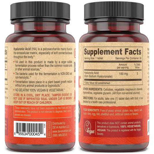 DEVA Hyaluronic Acid bottle side view shows dosage guidance for everyday use