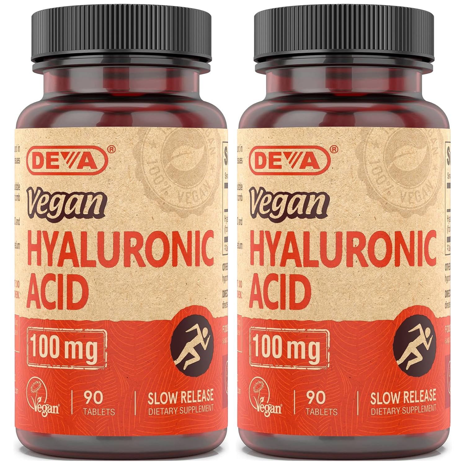 DEVA Hyaluronic Acid tablets front label highlights vegan formula for plant-based use