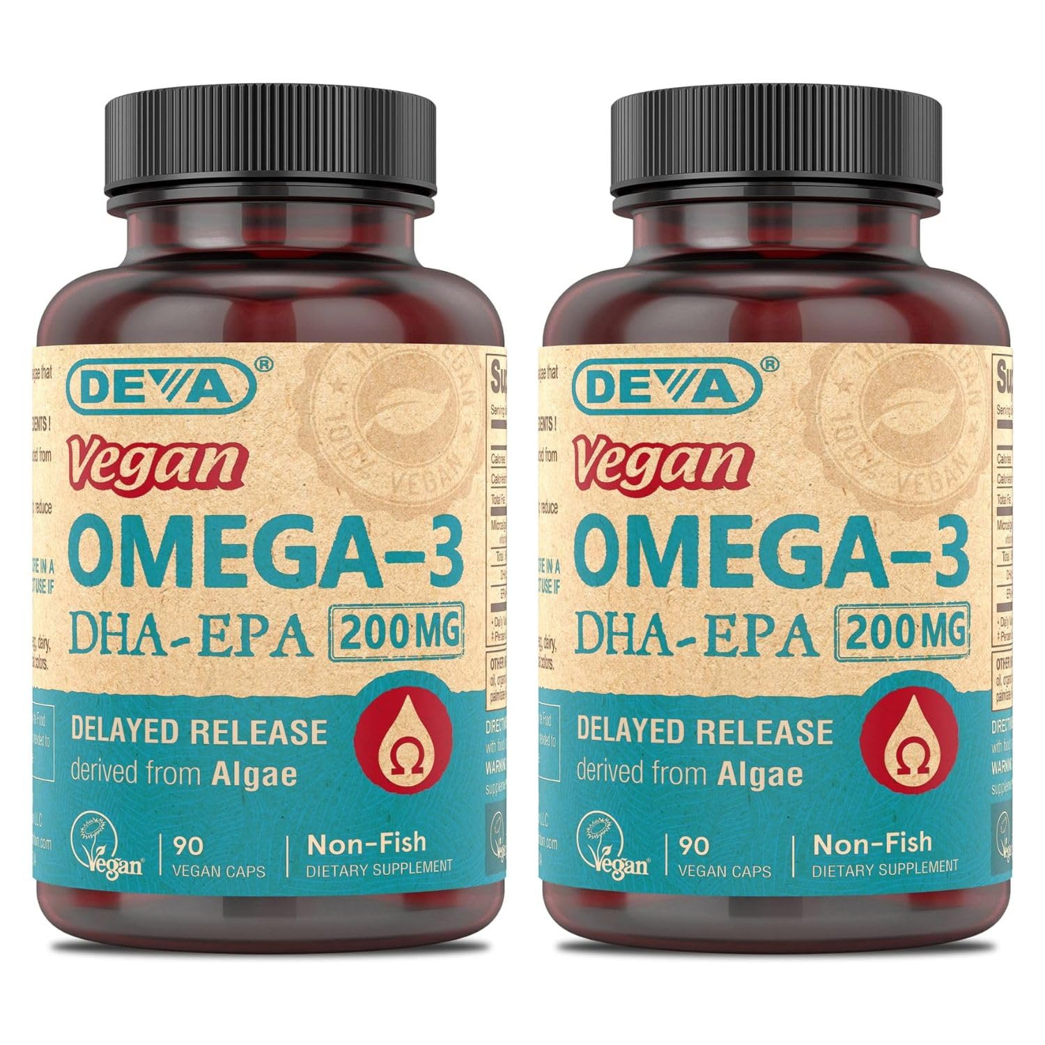 DEVA Omega-3 DHA-EPA bottle packshot showing vegan source and convenient daily capsules