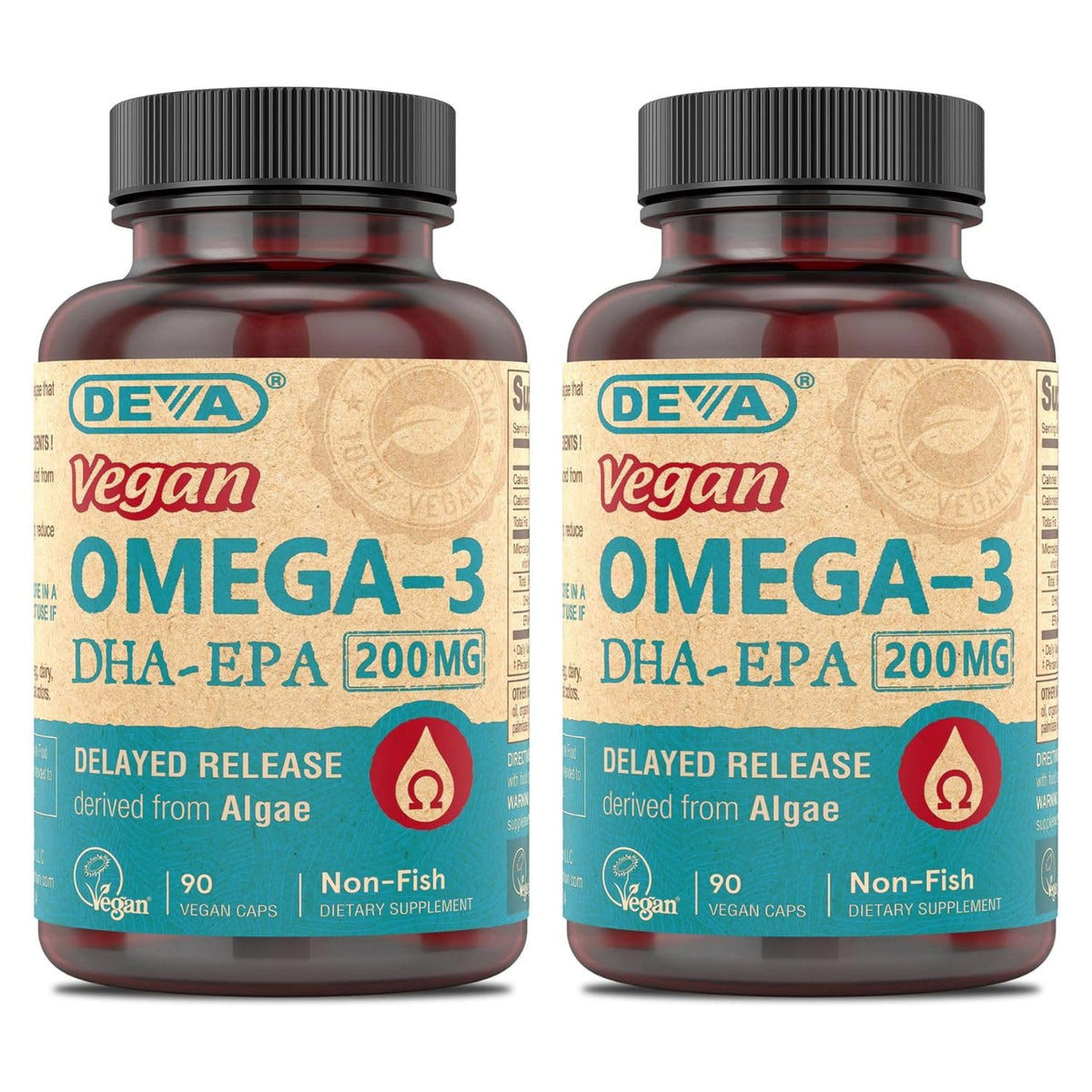 DEVA Omega-3 DHA-EPA bottle packshot showing vegan source and convenient daily capsules