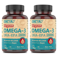 DEVA Omega-3 DHA-EPA bottle packshot showing vegan source and convenient daily capsules