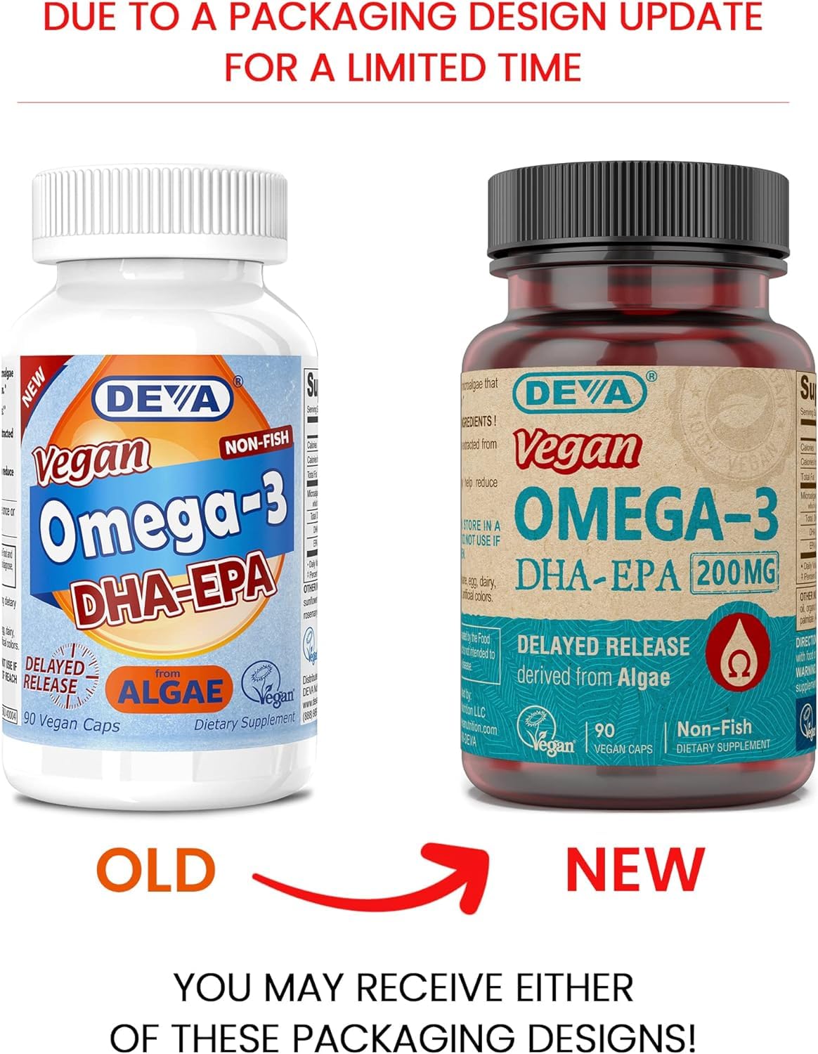 DEVA Omega-3 DHA-EPA softgels closeup, delayed-release vegan capsules for smoother intake