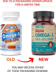 DEVA Omega-3 DHA-EPA softgels closeup, delayed-release vegan capsules for smoother intake