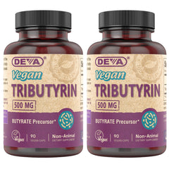 DEVA Tributyrin bottle front highlights vegan formula for gut support.