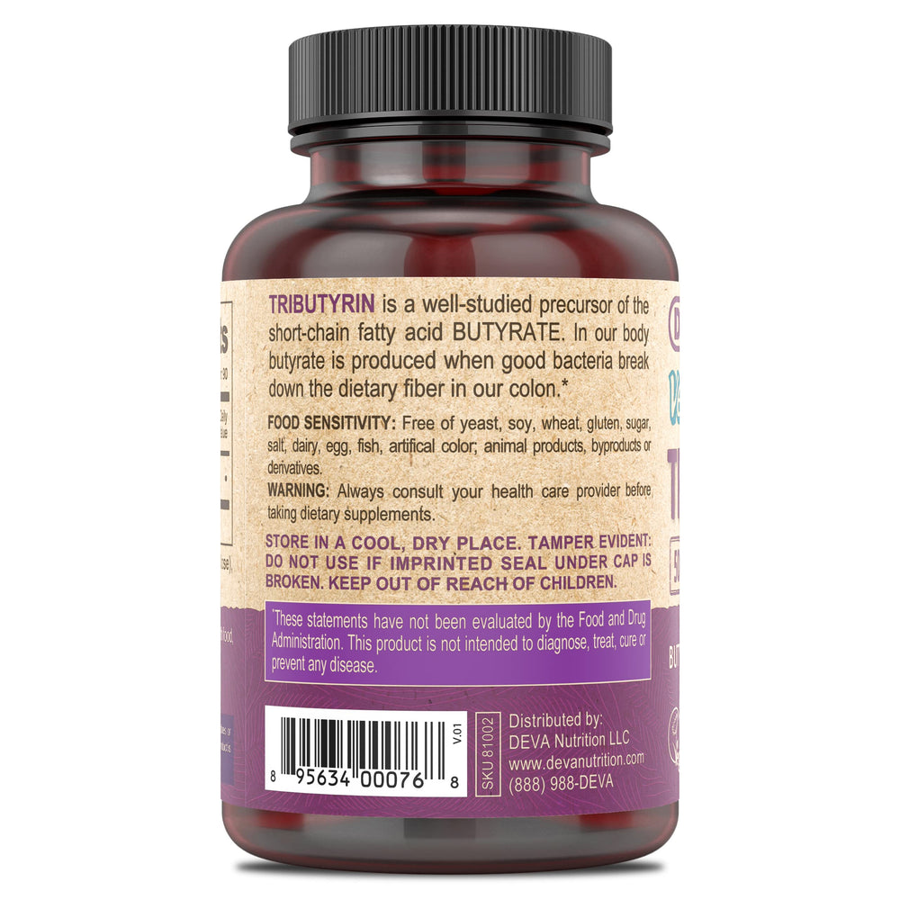 Close-up of DEVA Tributyrin capsules showing 500 mg per capsule dosage.