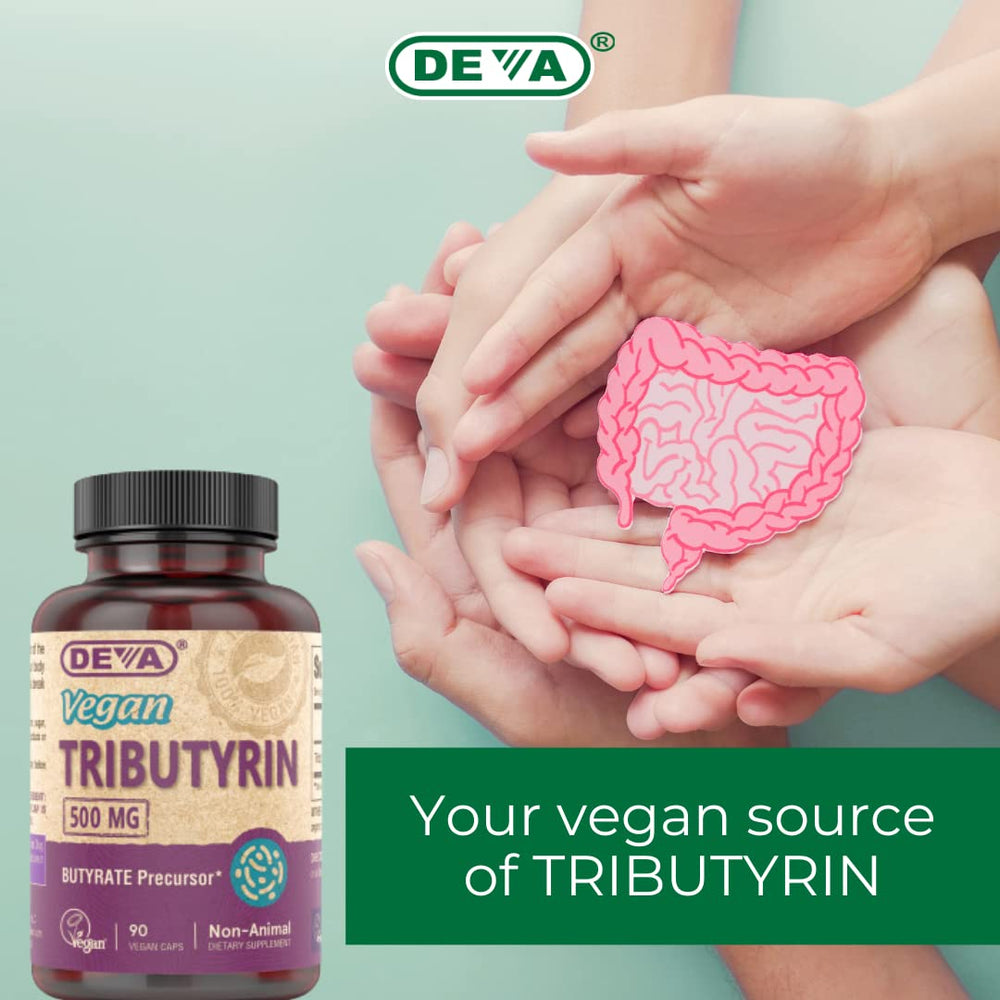 Serving-dose visualization with DEVA Tributyn capsules for reference.