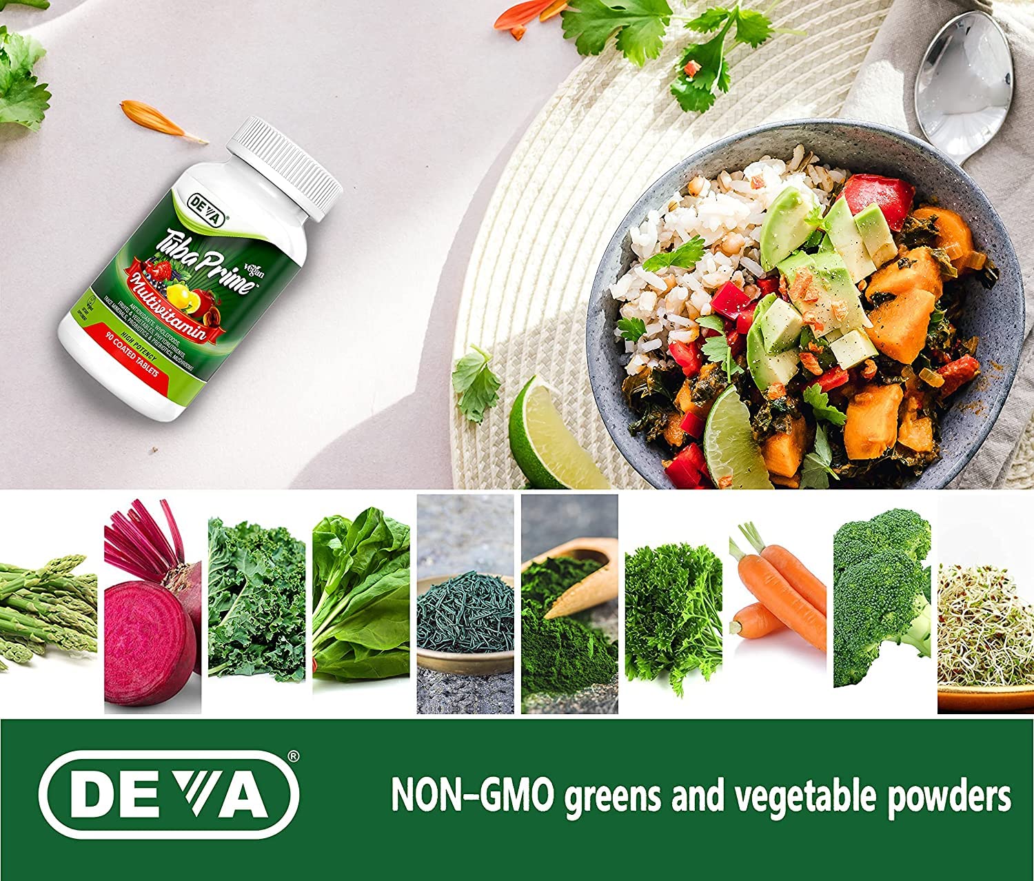 DEVA Tuba Prime greens blend graphic featuring alfalfa and spirulina
