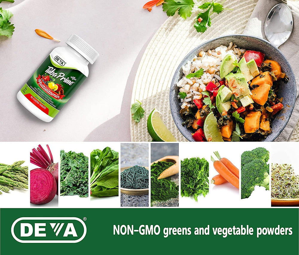 DEVA Tuba Prime greens blend graphic featuring alfalfa and spirulina