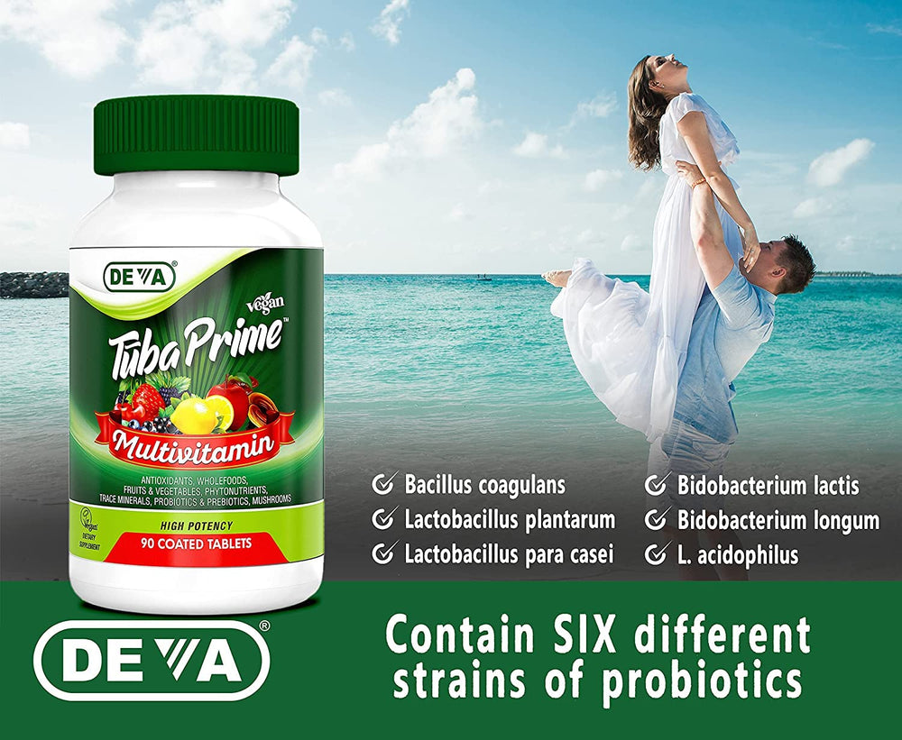 DEVA Tuba Prime herbal blend bottle includes ashwagandha and turmeric for daily wellness.