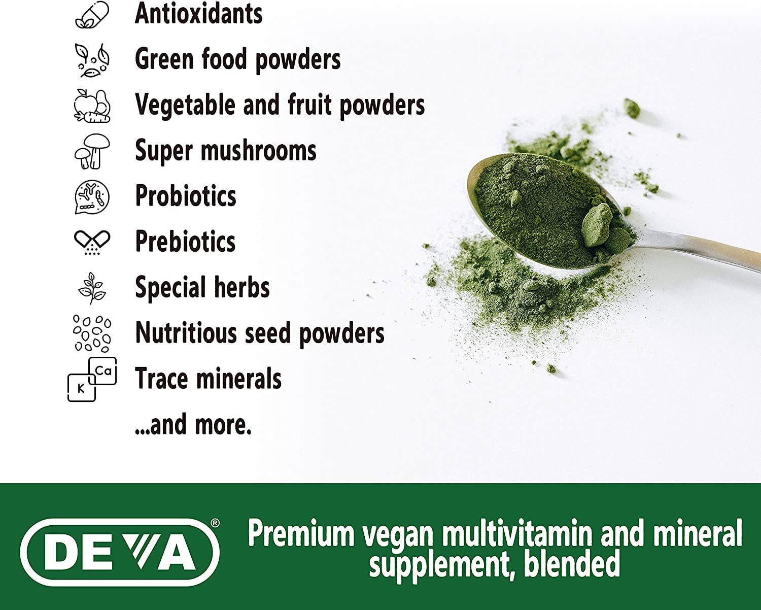 DEVA Tuba Prime ingredient glass with spoon highlighting greens, berries, and mushrooms