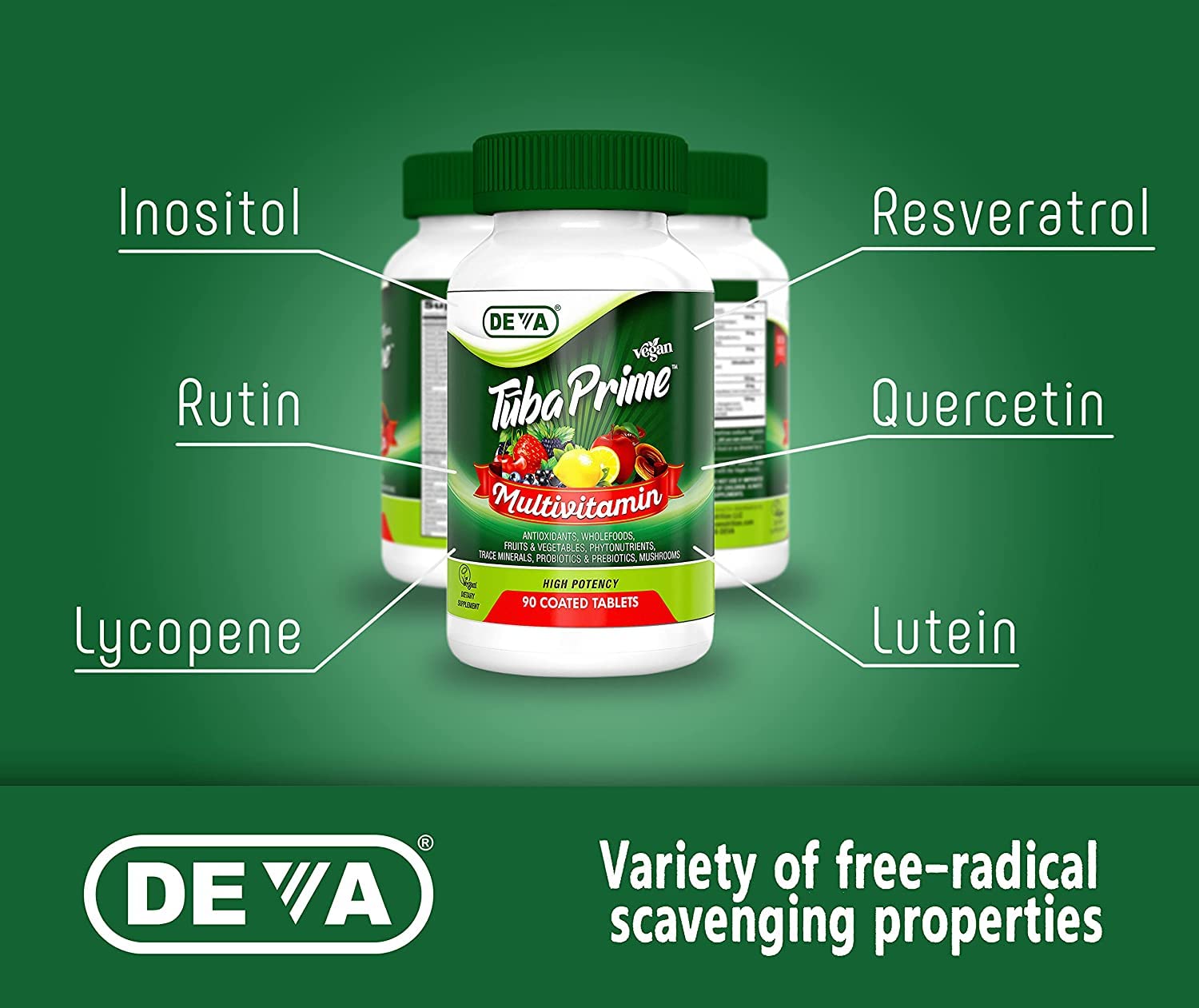 DEVA Tuba Prime prebiotic FOS bottle illustrates digestion-friendly support.
