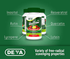DEVA Tuba Prime prebiotic FOS bottle illustrates digestion-friendly support.