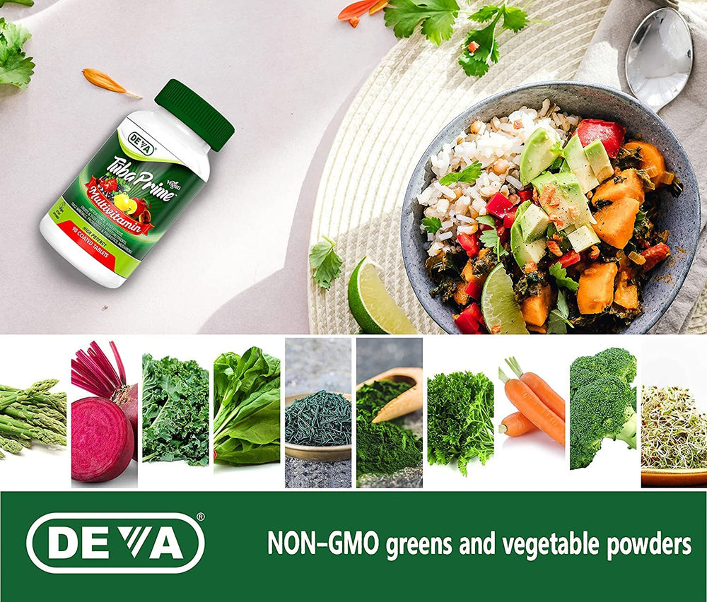 DEVA Tuba Prime seeds and herbs bottle highlights flax and ginseng for balance.