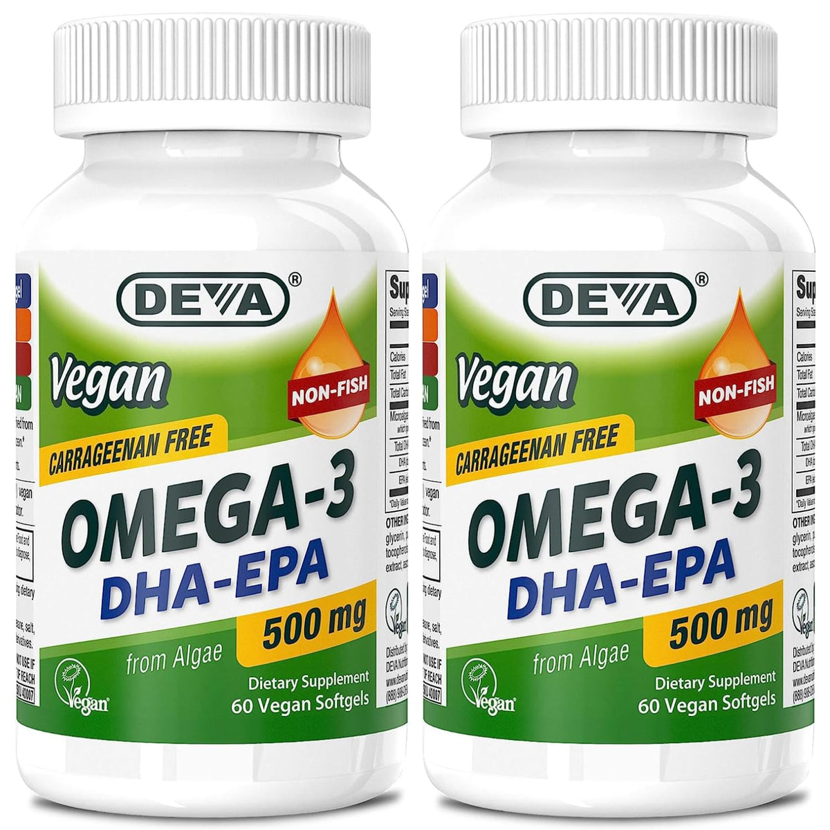 DEVA Vegan DHA-EPA 500MG bottle illustrating a plant-based omega-3 option from algae for daily wellness.