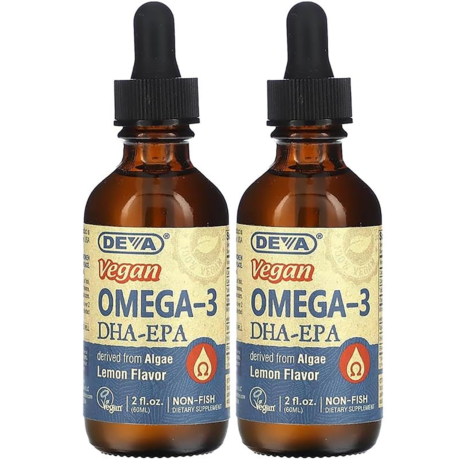 DEVA vegan DHA-EPA lemon bottle front view for clean, non-fish omega-3