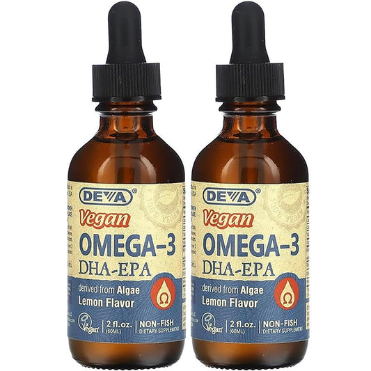 DEVA vegan DHA-EPA lemon bottle front view for clean, non-fish omega-3