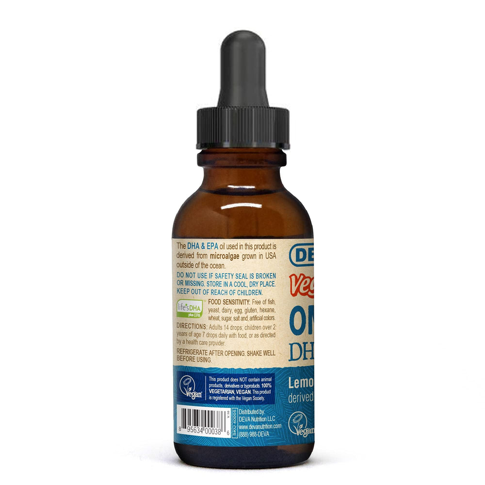 DEVA vegan DHA-EPA lemon label close-up shows vegan certification
