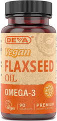 Deva Vegan Flax Seed Oil bottle with 90 capsules for plant-based omega-3 support
