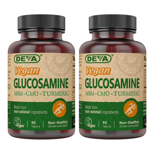 DEVA vegan glucosamine bottle highlights gluten-free, plant-based supplement.