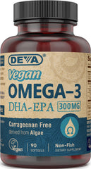 DEVA Vegan Omega-3 DHA EPA softgel bottle front for daily vegan support