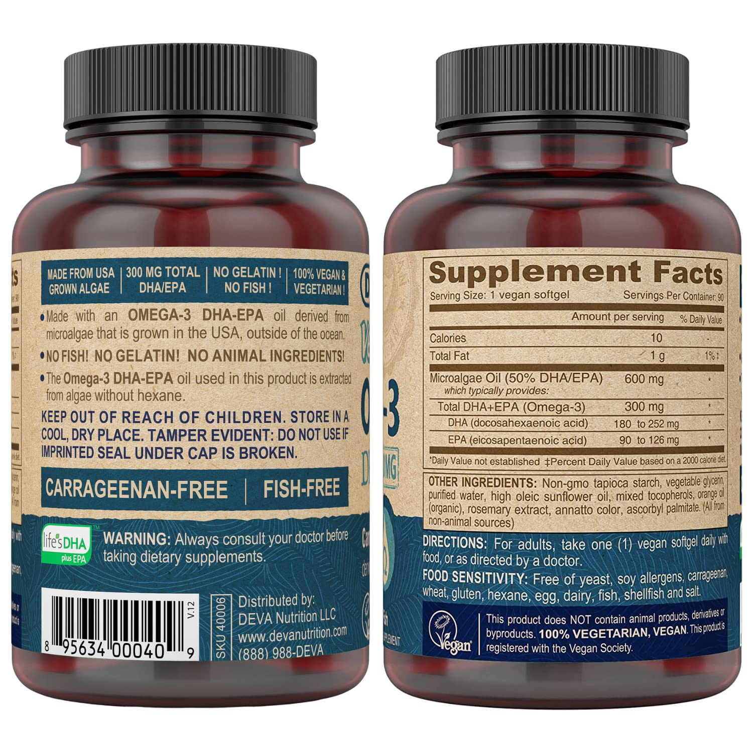 DEVA Vegan Omega-3 DHA EPA capsules close-up highlighting algae-based source