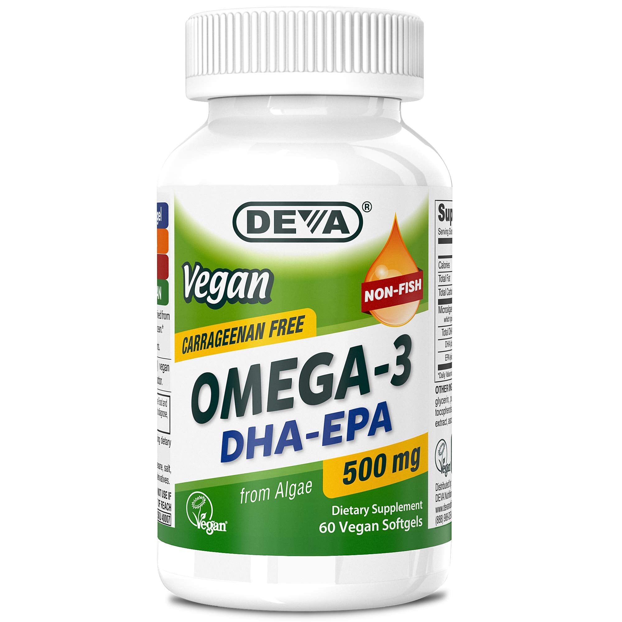 DEVA Vegan Omega-3 bottle front highlighting algae-derived DHA and EPA for plant-based support