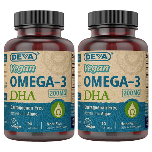 DEVA vegan Omega-3 DHA softgel bottle closeup for plant-based omega-3 support