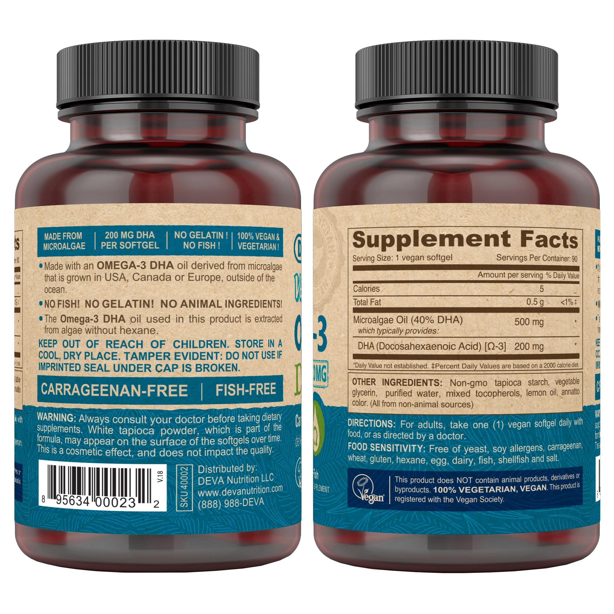 DEVA vegan Omega-3 DHA softgel label highlighting carrageenan-free formula