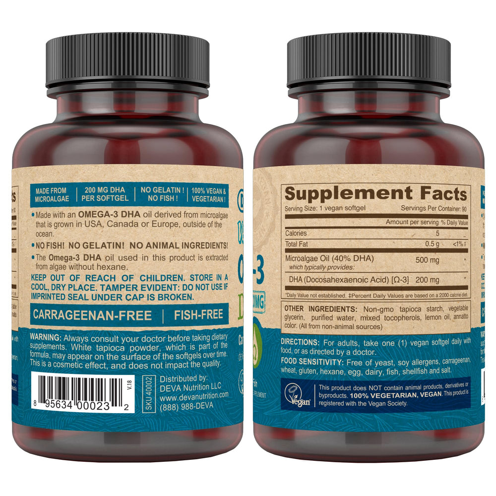 DEVA vegan Omega-3 DHA softgel label highlighting carrageenan-free formula