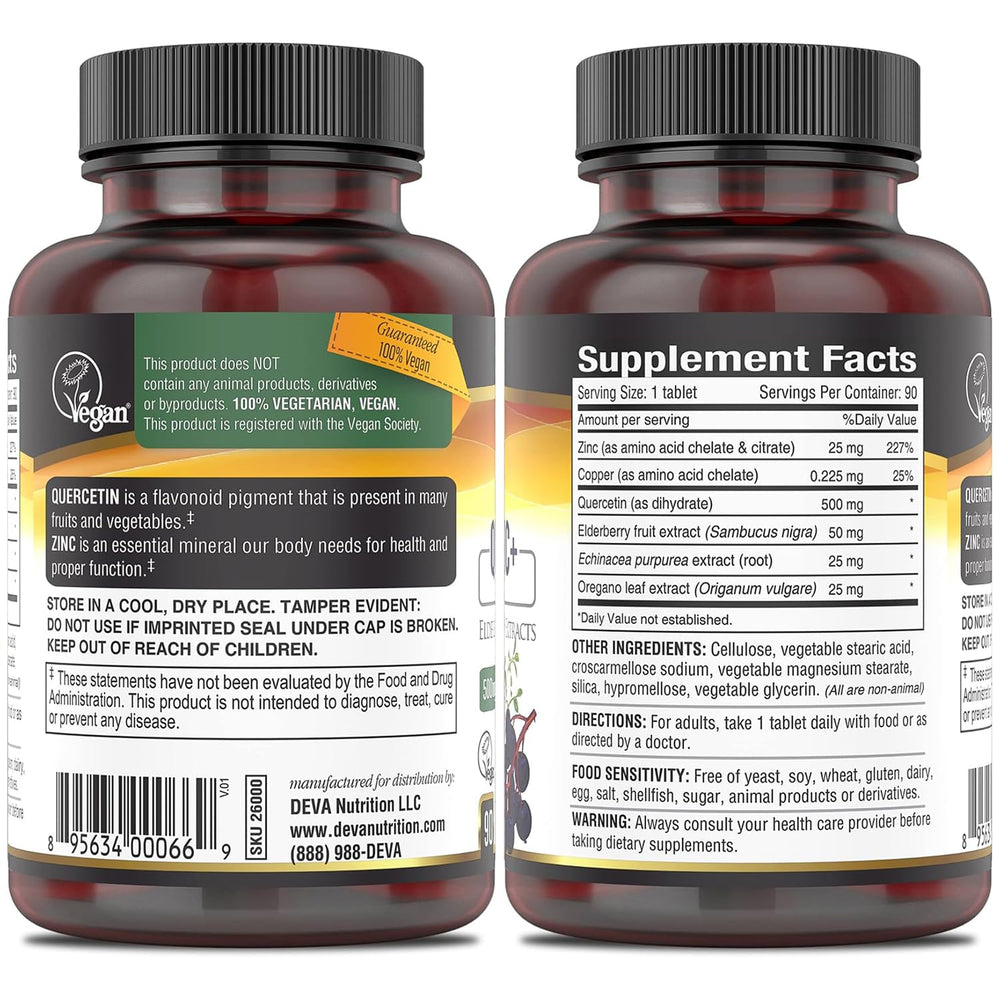 DEVA Vegan Quercetin Zinc+ bottle beside echinacea extract hints at seasonal wellness potential.