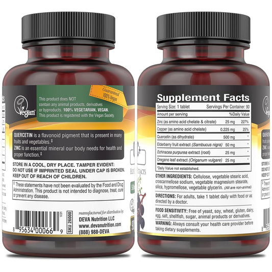 DEVA Vegan Quercetin Zinc+ bottle beside echinacea extract hints at seasonal wellness potential.