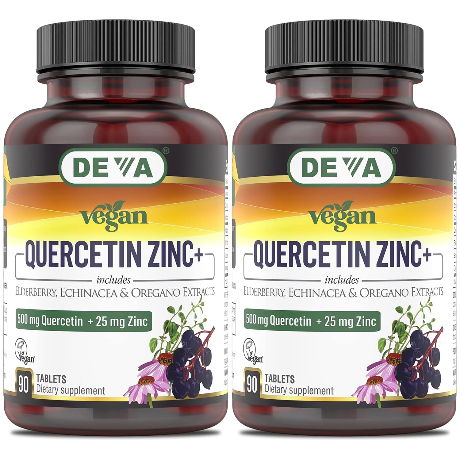 DEVA Vegan Quercetin Zinc+ bottle with elderberry illustration promotes daily immune support.