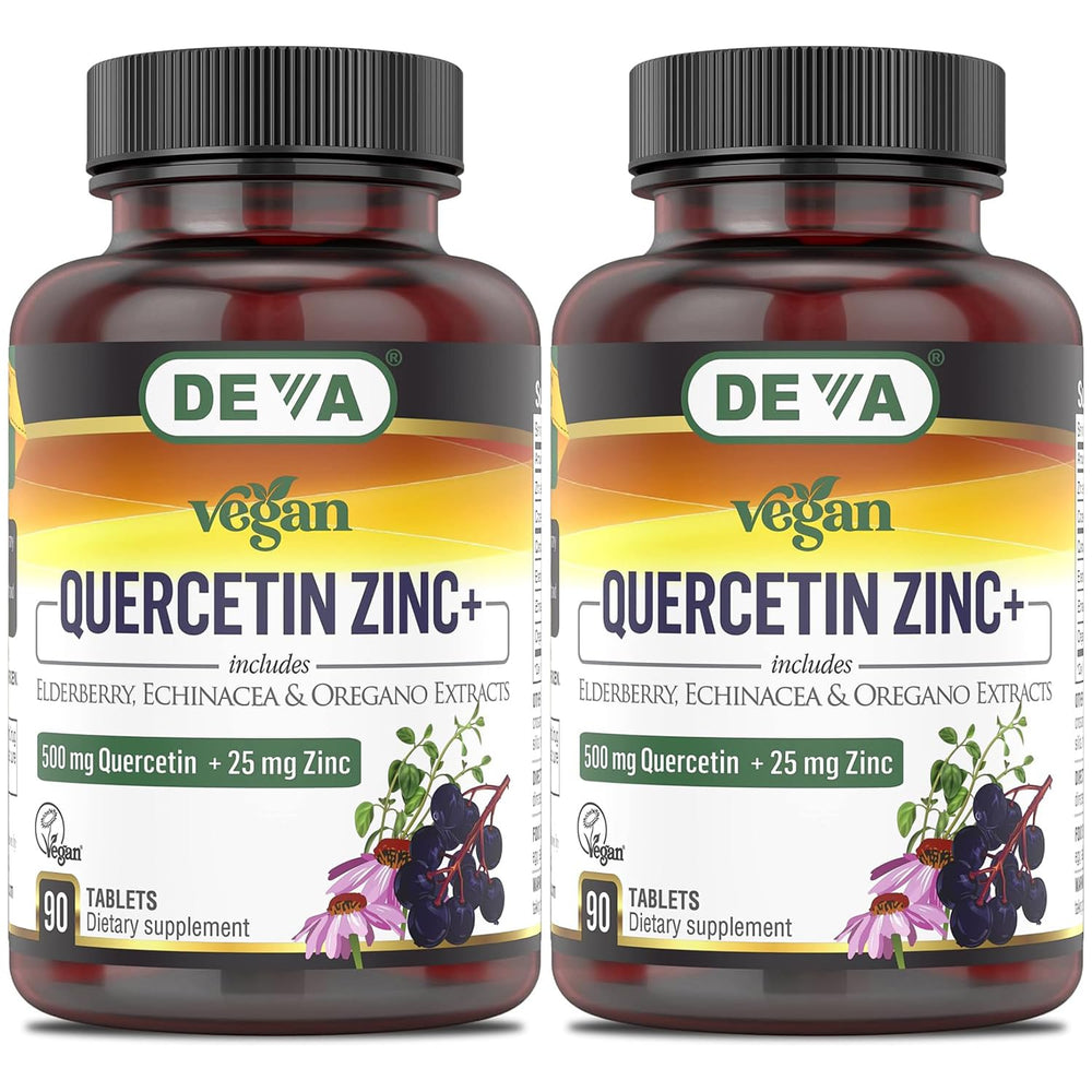 DEVA Vegan Quercetin Zinc+ bottle with elderberry illustration promotes daily immune support.
