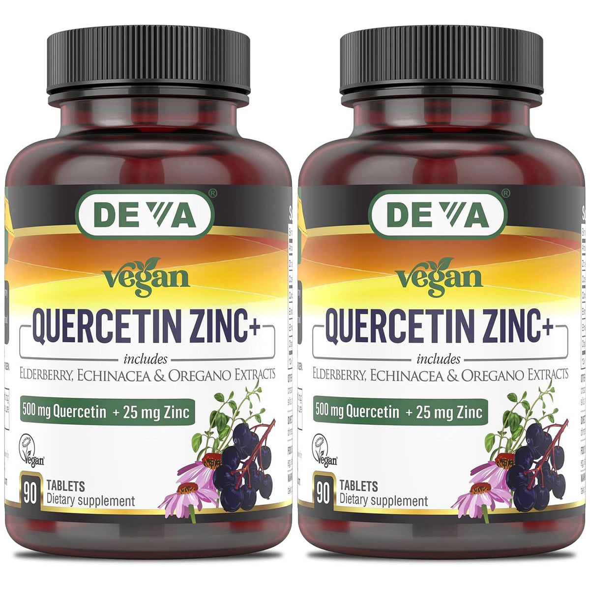DEVA Vegan Quercetin Zinc+ bottle with elderberry illustration promotes daily immune support.
