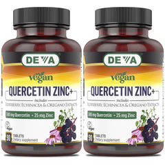 DEVA Vegan Quercetin Zinc+ bottle with elderberry illustration promotes daily immune support.