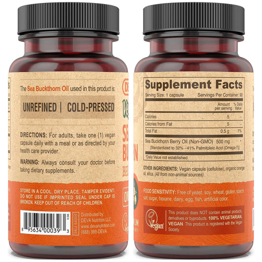 Close-up of DEVA capsules highlighting cold-pressed sea buckthorn oil