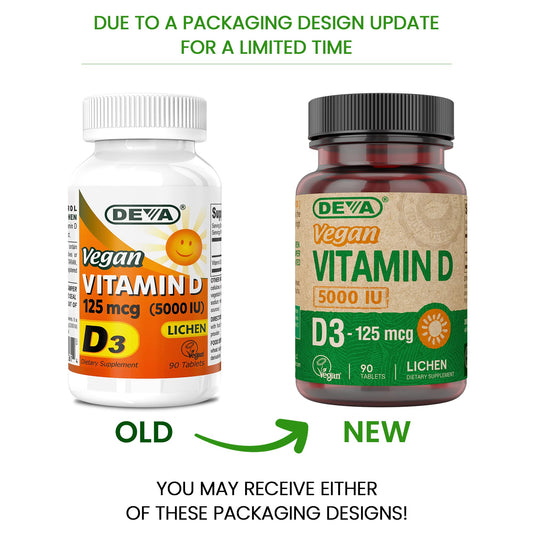 Front view of DEVA bottle showing vegan-certified lichen-based D3.